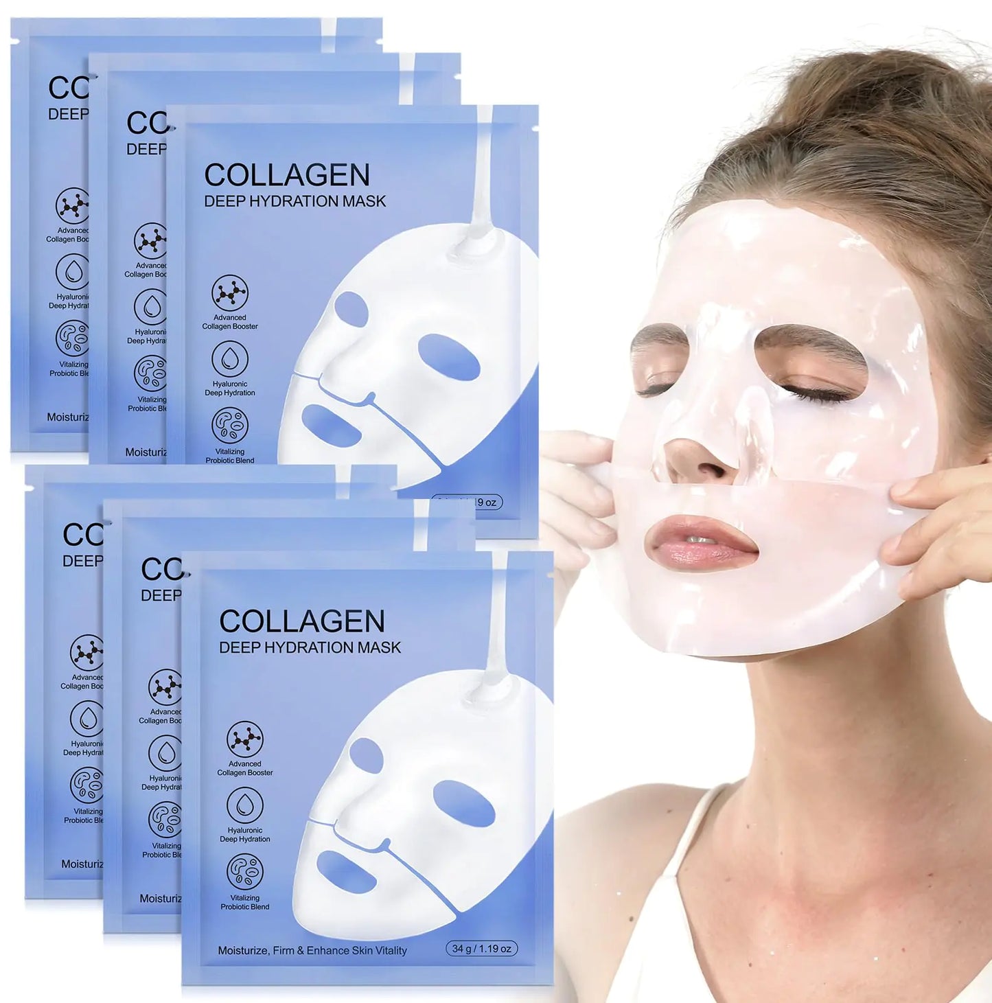 HUYEHF Collagen Face Mask Hydrating Overnight Hydrogel Mask Pore Minimizing Elasticity Improvement Firming Moisturizing Bio Collagen Facial Mask- 6 Pack